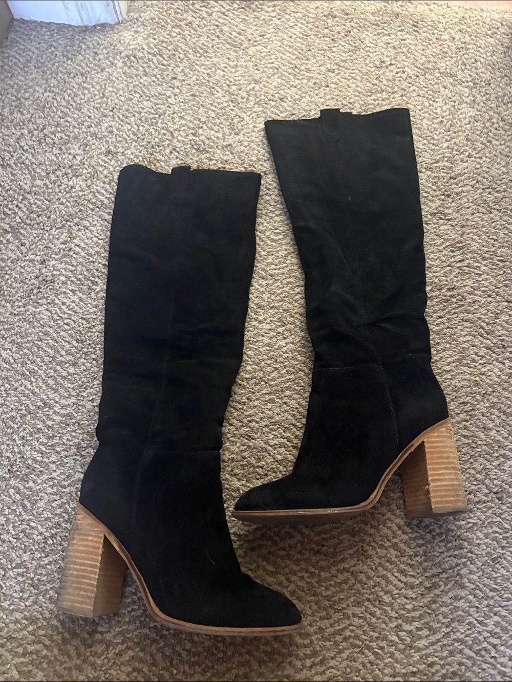 VICI: Saint Slouch Boot Black Suede Knee-High Block Heel Boots - Brand